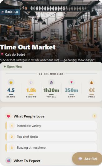 Fiel Guide Page — Time Out Market with synthesized insights, ratings, and What People Love section