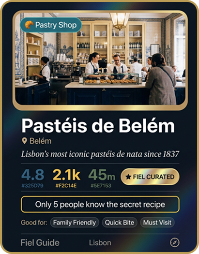 Shareable Guide Card — Pastéis de Belém with rating, tips, and tags